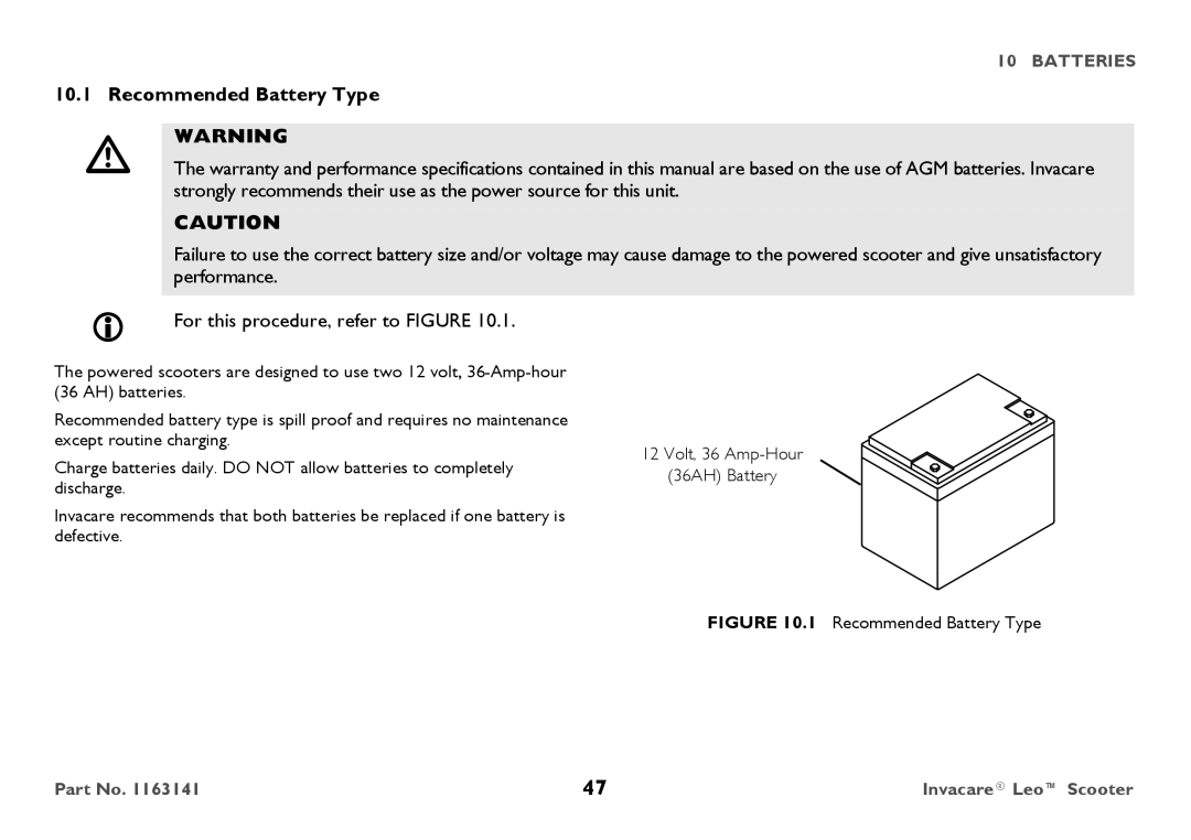 Invacare 1163141 user manual Recommended Battery Type 