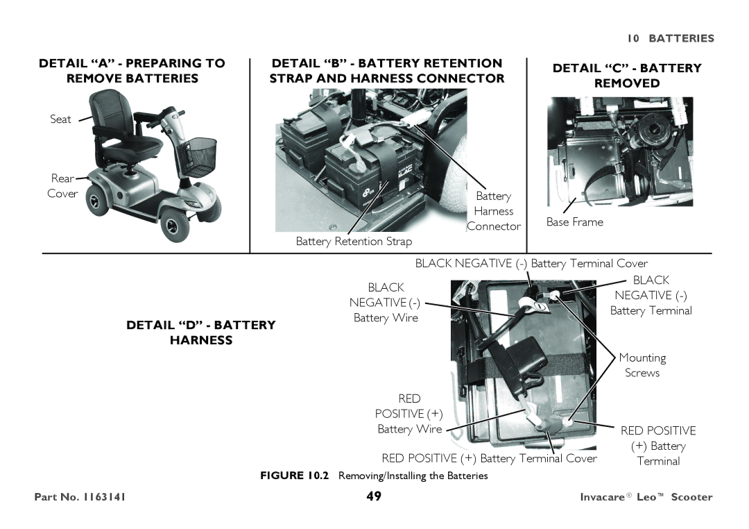 Invacare 1163141 user manual Detail a Preparing to Remove Batteries 