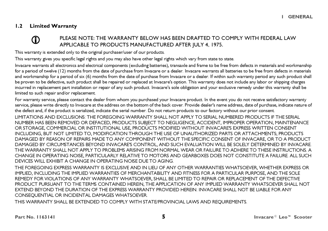 Invacare 1163141 user manual Limited Warranty 