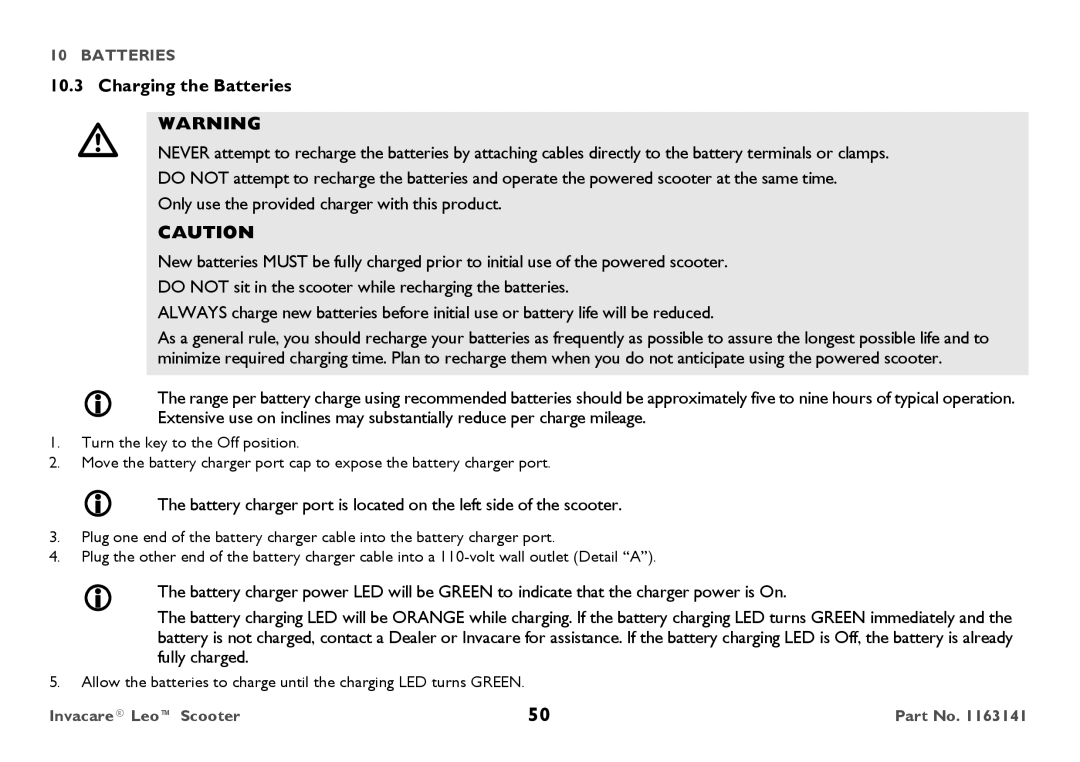 Invacare 1163141 user manual Charging the Batteries 