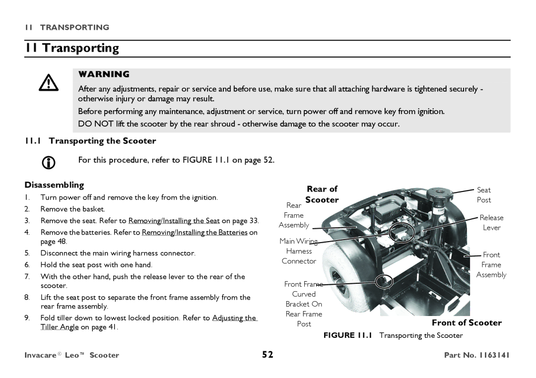 Invacare 1163141 user manual Transporting the Scooter, Disassembling, Rear Rear Scooter, Front of Scooter 