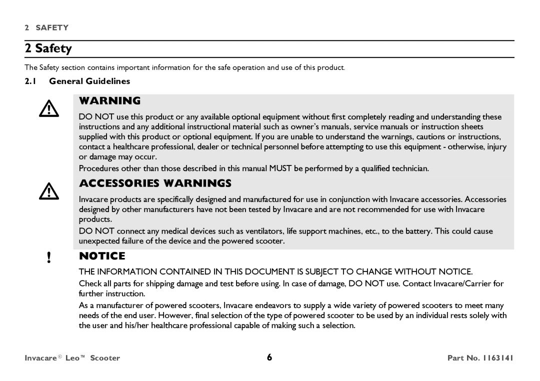 Invacare 1163141 user manual Safety, General Guidelines 