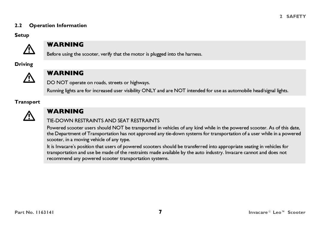 Invacare 1163141 user manual Operation Information Setup, Driving, Transport 