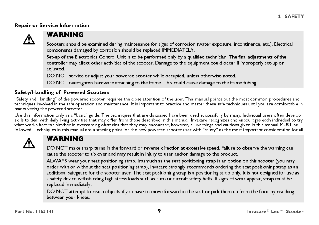 Invacare 1163141 user manual Repair or Service Information, Safety/Handling of Powered Scooters 