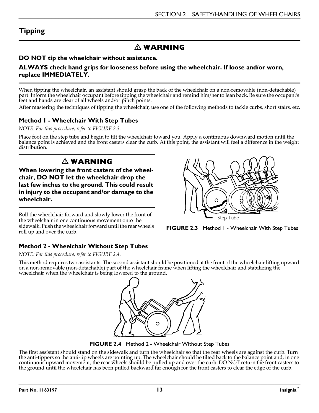 Invacare 1163197 manual Tipping, Method 1 Wheelchair With Step Tubes 