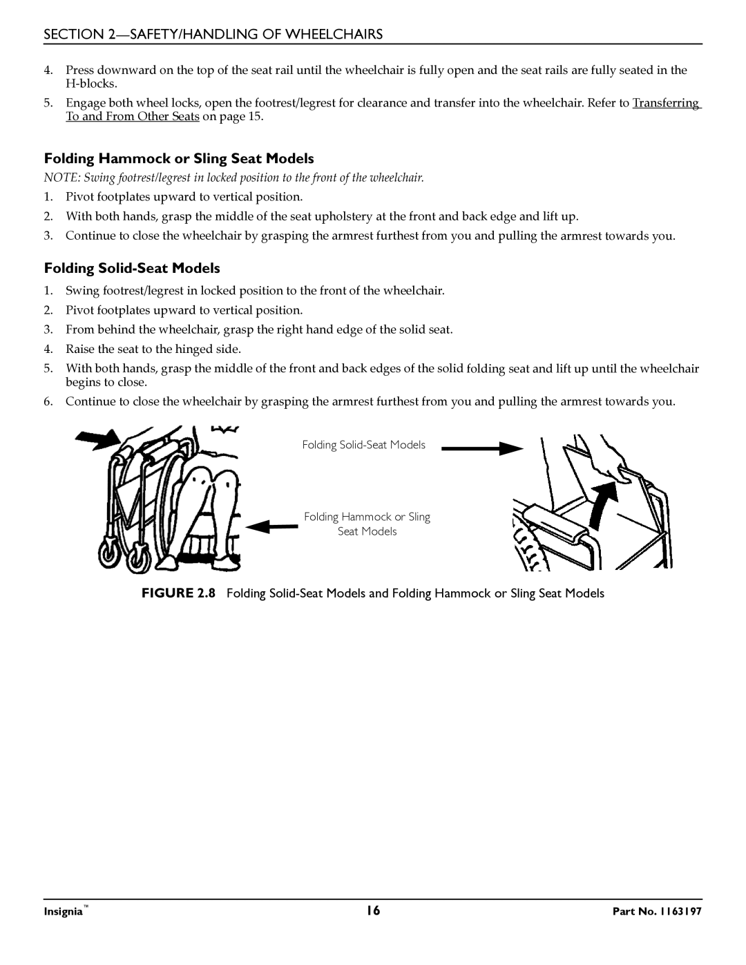 Invacare 1163197 manual Folding Hammock or Sling Seat Models 