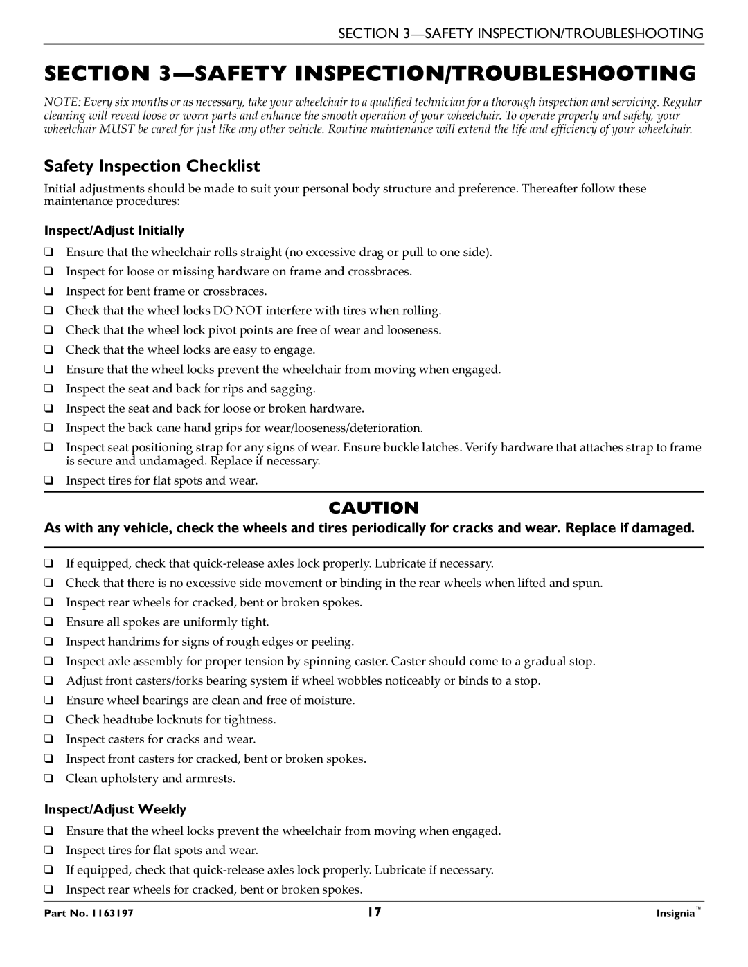 Invacare 1163197 manual Safety INSPECTION/TROUBLESHOOTING, Safety Inspection Checklist 