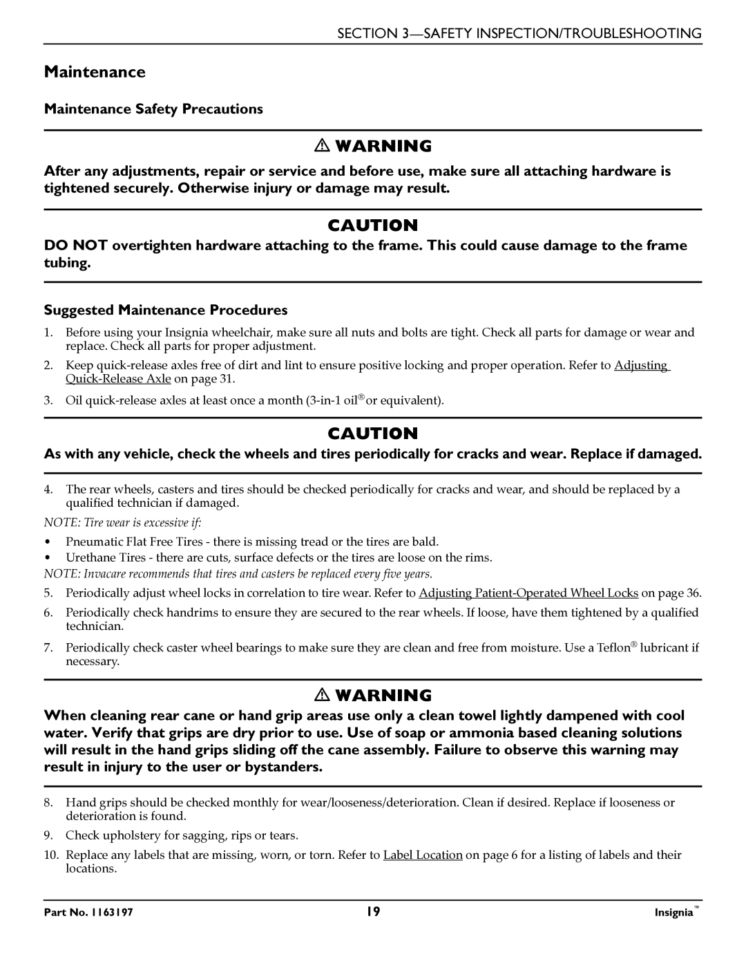 Invacare 1163197 manual Maintenance 