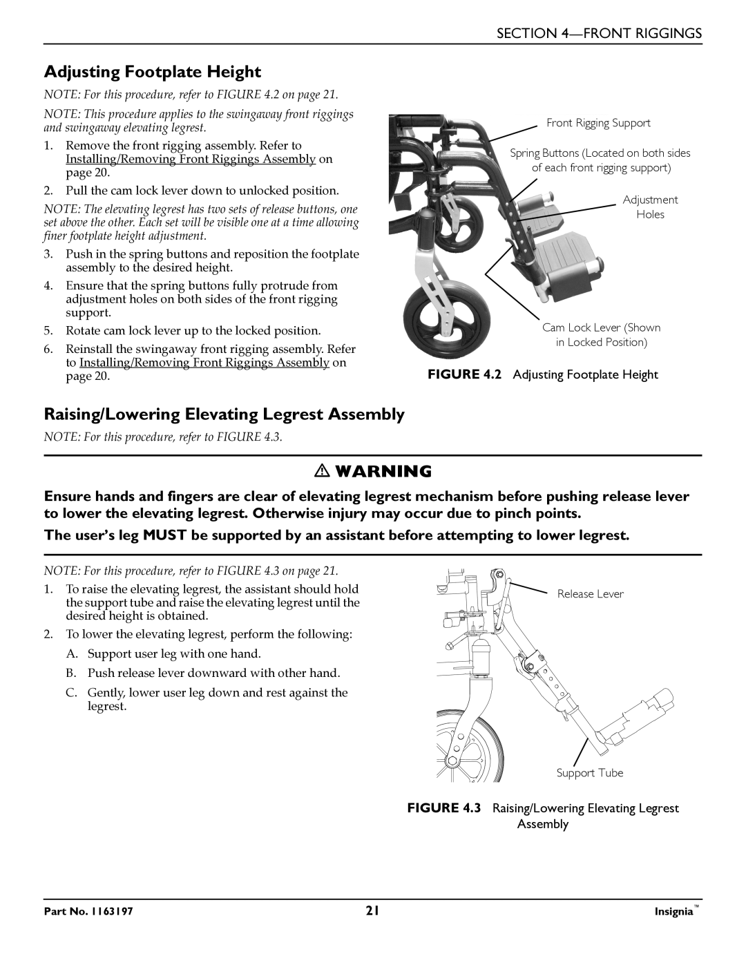 Invacare 1163197 manual Adjusting Footplate Height, Raising/Lowering Elevating Legrest Assembly 