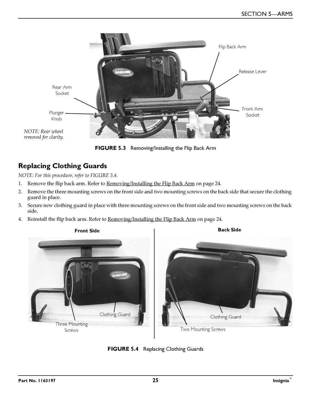 Invacare 1163197 manual Replacing Clothing Guards, Removing/Installing the Flip Back Arm 