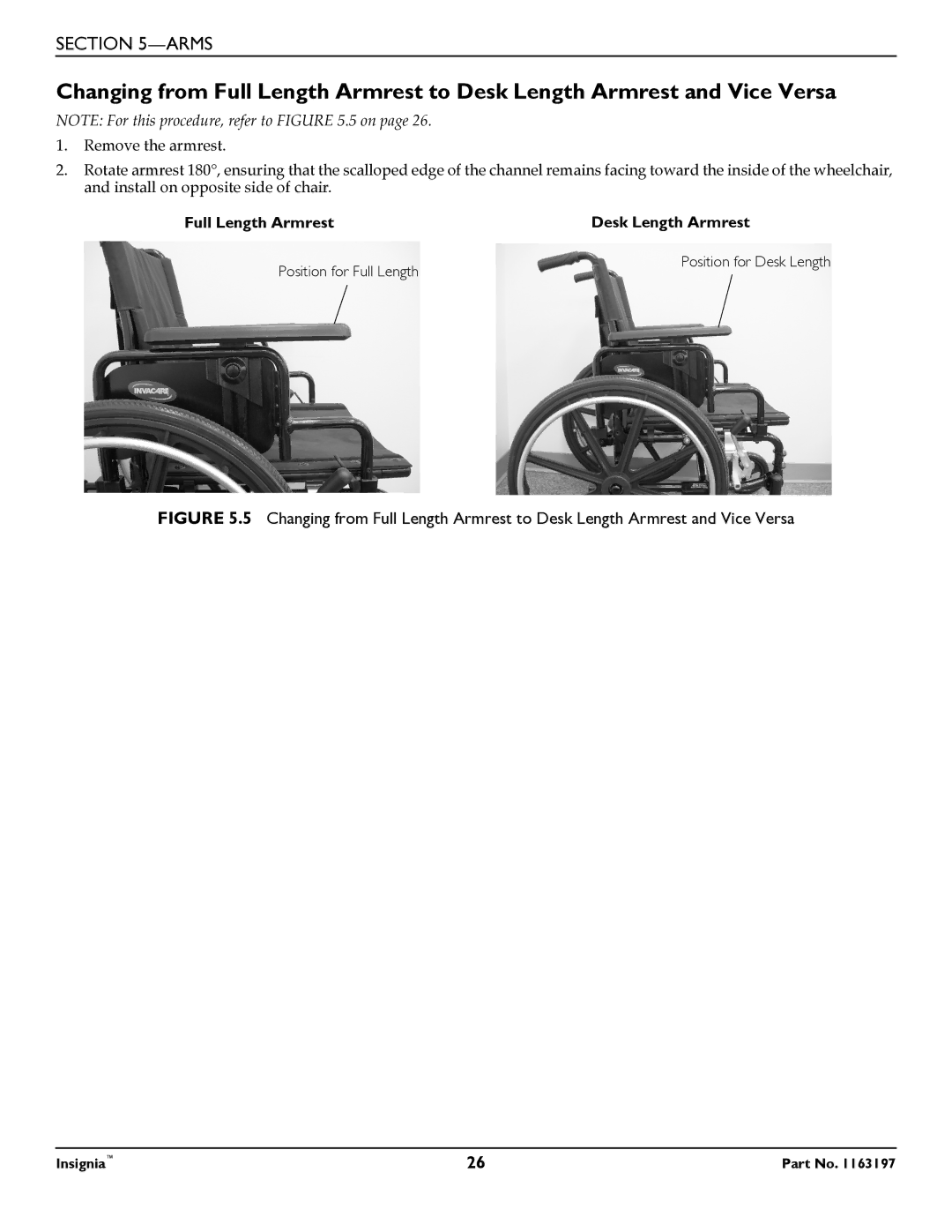 Invacare 1163197 manual Position for Desk Length 