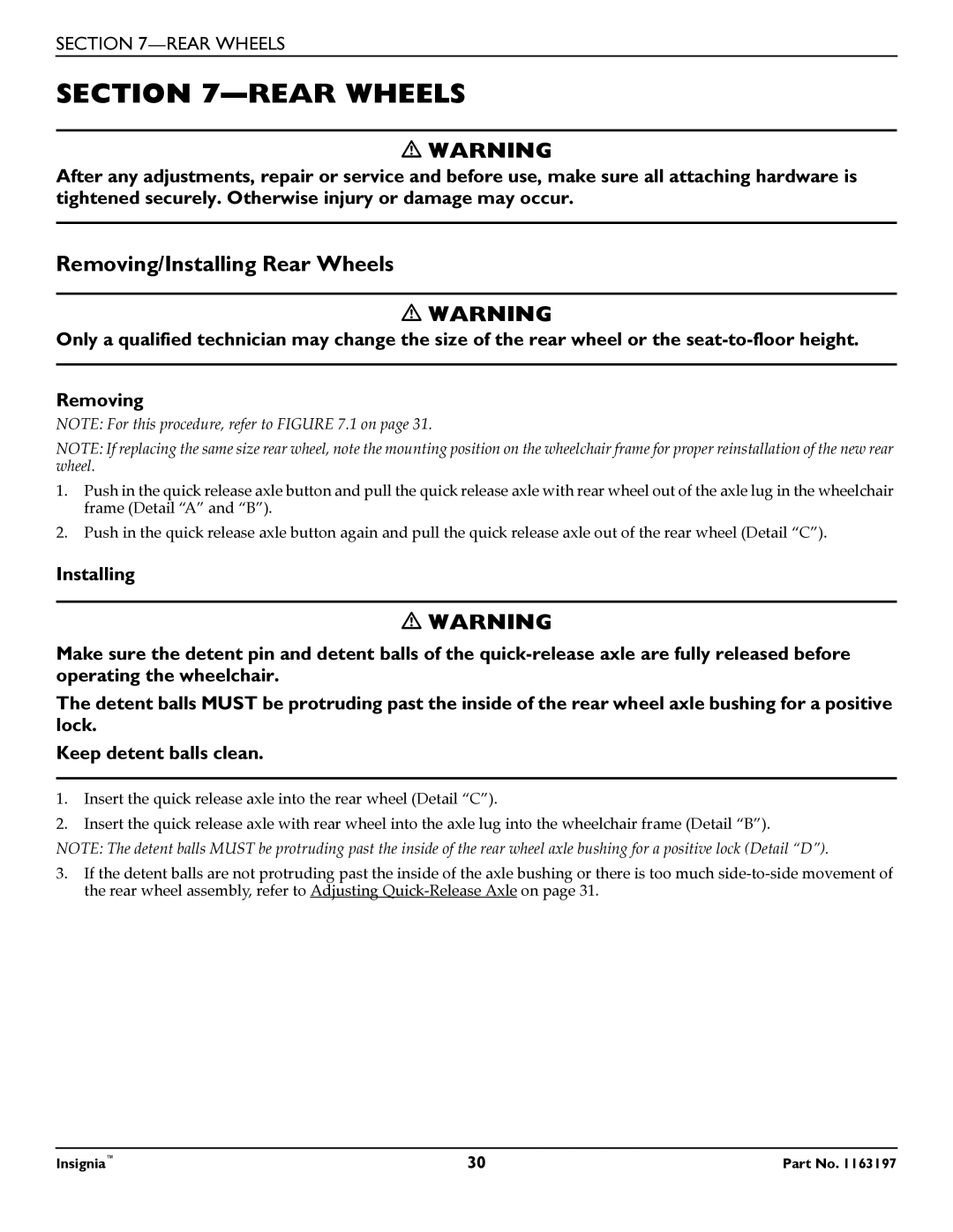 Invacare 1163197 manual Removing/Installing Rear Wheels 