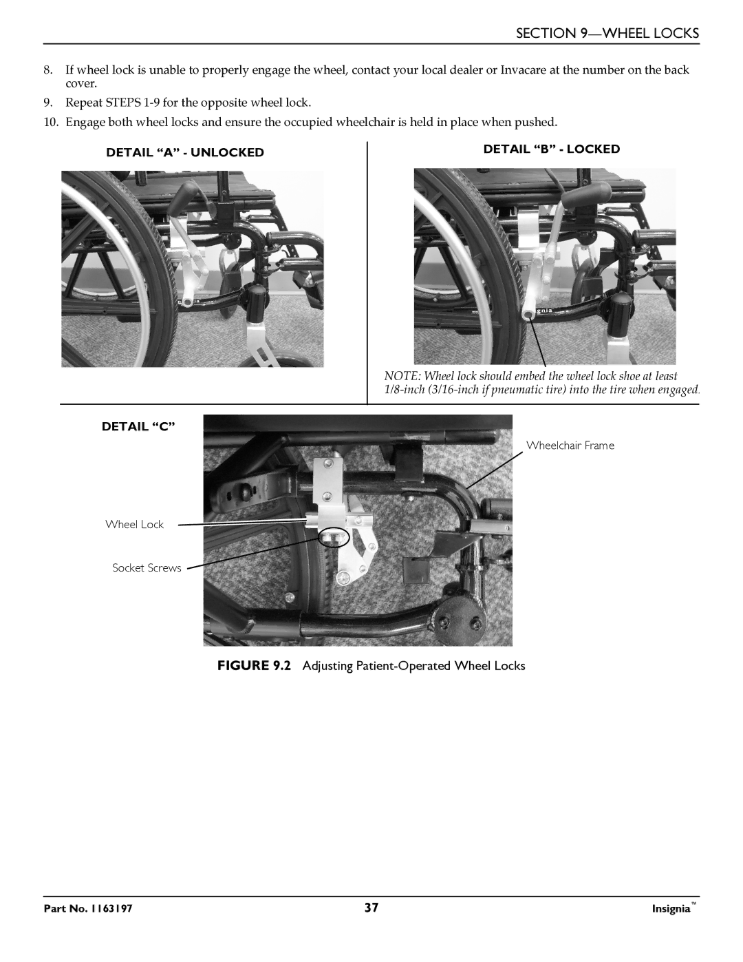 Invacare 1163197 manual Adjusting Patient-Operated Wheel Locks 