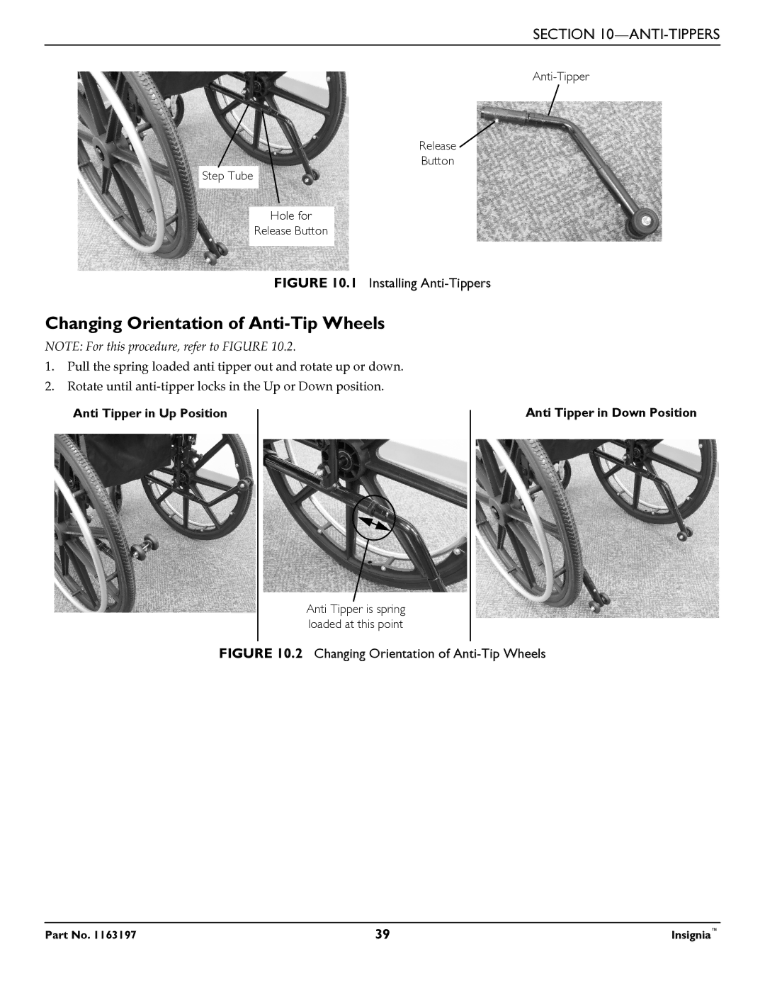 Invacare 1163197 manual Changing Orientation of Anti-Tip Wheels, Installing Anti-Tippers 