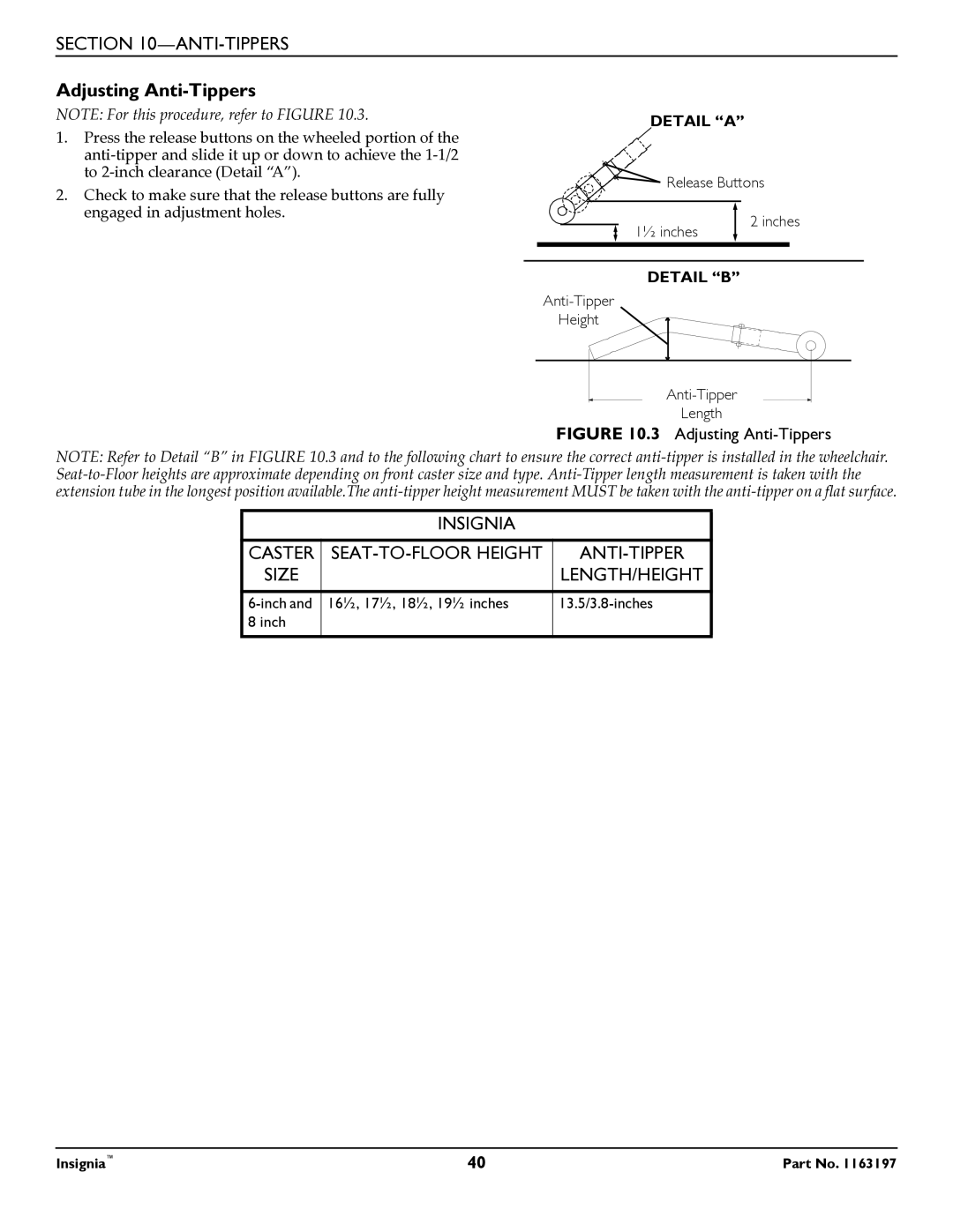 Invacare 1163197 manual Adjusting Anti-Tippers 