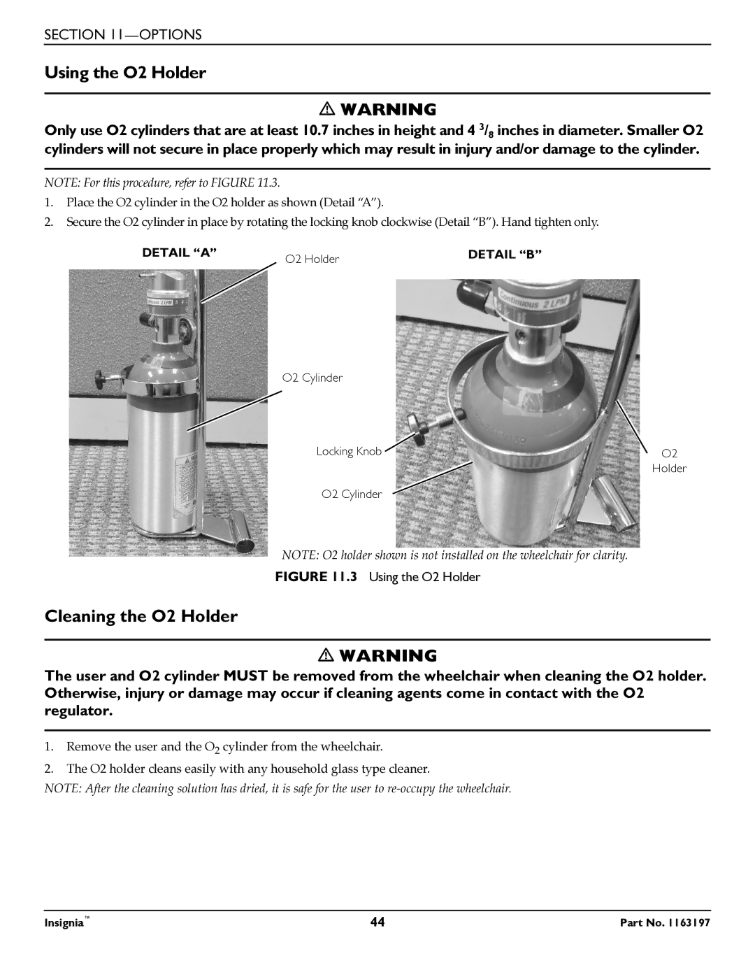 Invacare 1163197 manual Using the O2 Holder, Cleaning the O2 Holder 