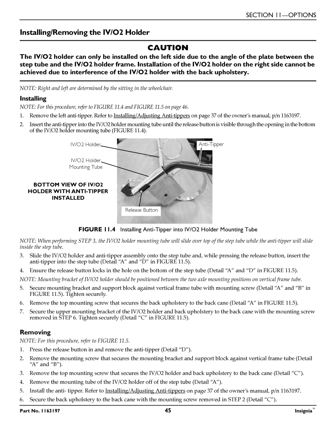 Invacare 1163197 manual Installing/Removing the IV/O2 Holder, Bottom View of IV/O2 Holder with ANTI-TIPPER Installed 