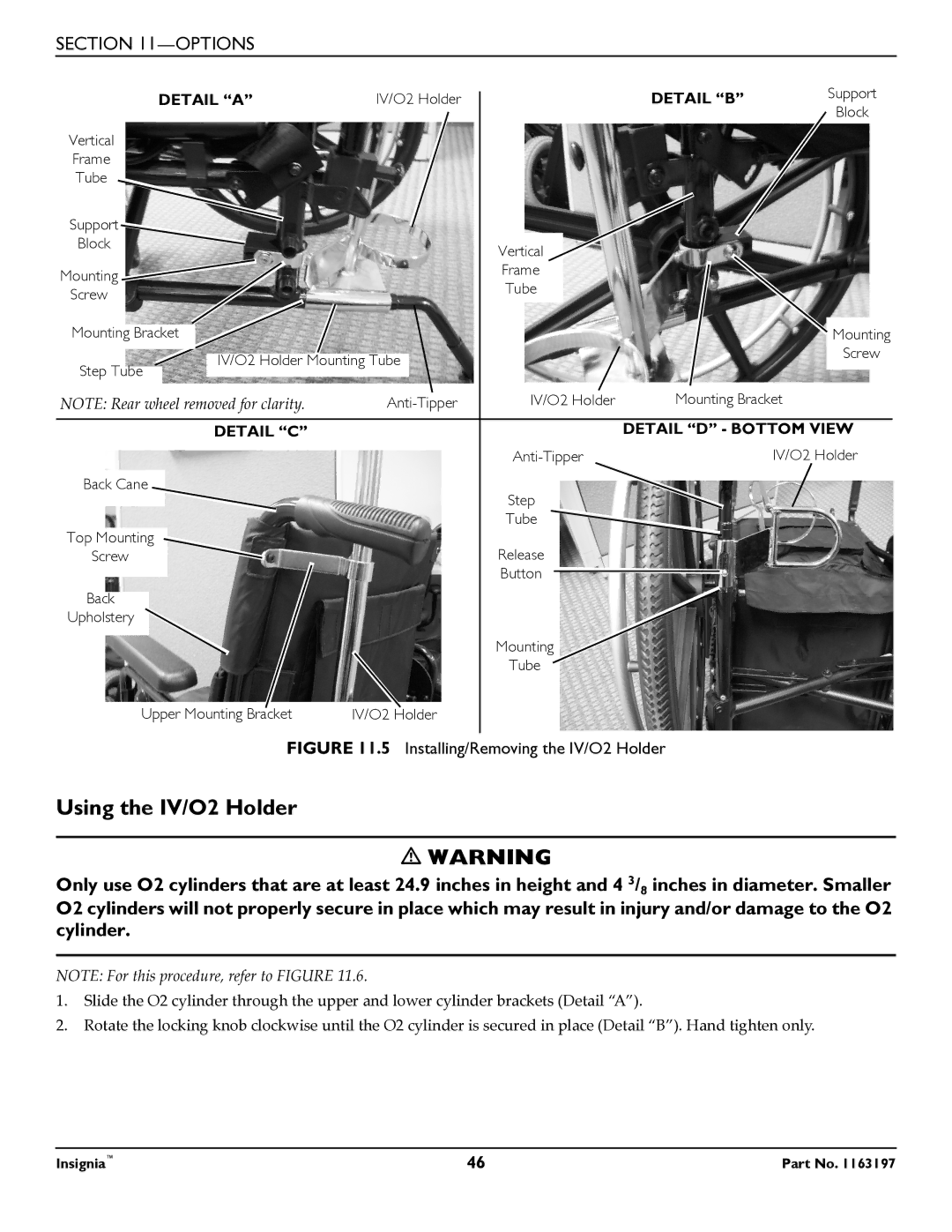 Invacare 1163197 manual Using the IV/O2 Holder, Detail C Detail D Bottom View 