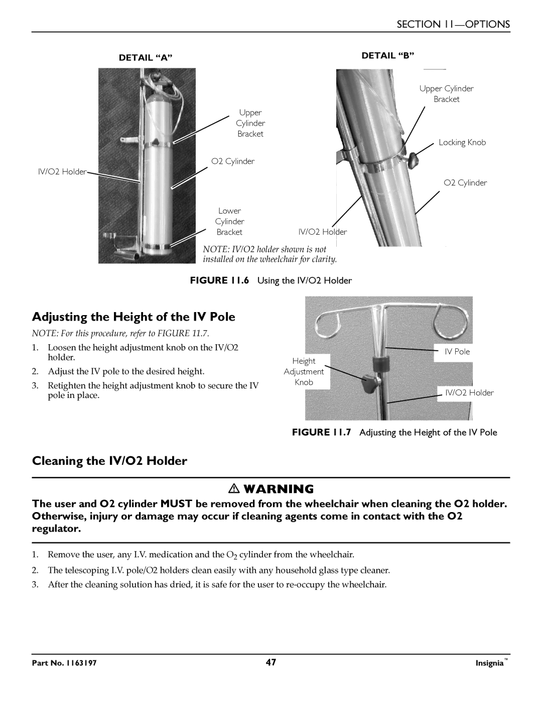 Invacare 1163197 manual Adjusting the Height of the IV Pole, Cleaning the IV/O2 Holder 