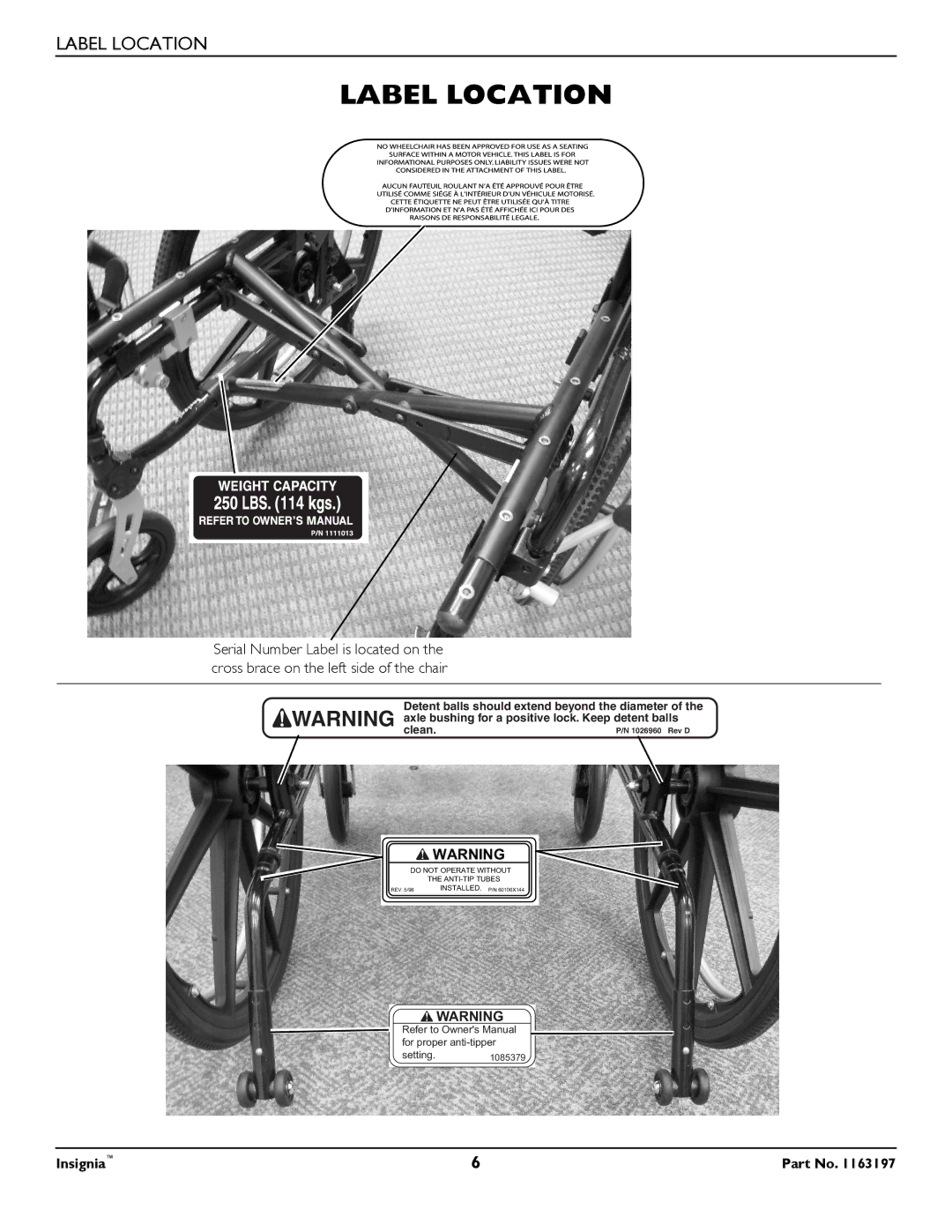 Invacare 1163197 manual Label Location 