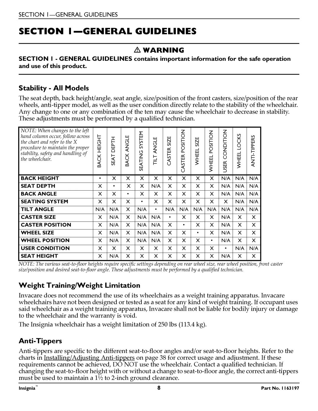 Invacare 1163197 manual General Guidelines, Stability All Models, Weight Training/Weight Limitation, Anti-Tippers 