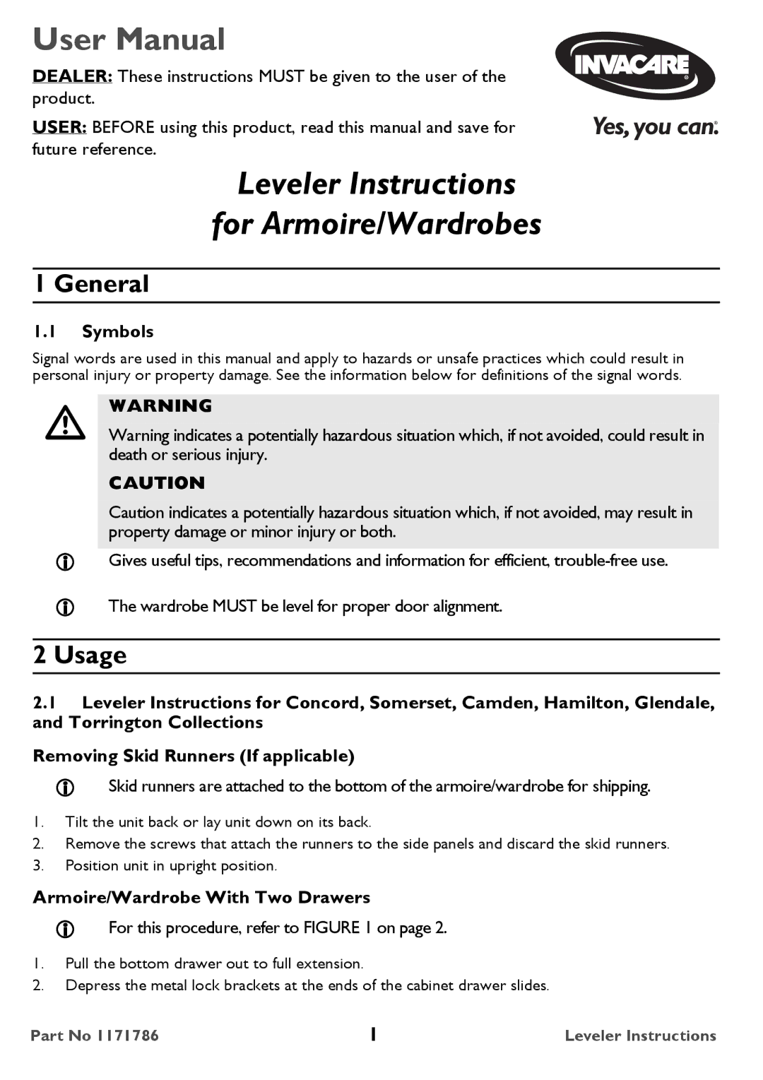 Invacare 1171786 user manual Symbols, Armoire/Wardrobe With Two Drawers,  For this procedure, refer to on 