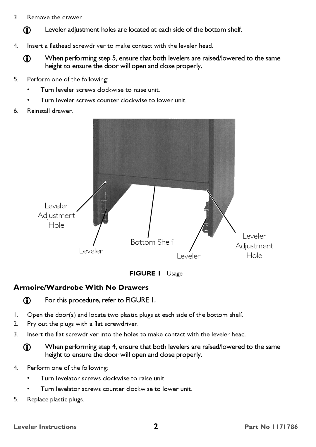 Invacare 1171786 user manual Leveler Adjustment Hole Bottom Shelf, Leveler Hole, Armoire/Wardrobe With No Drawers 