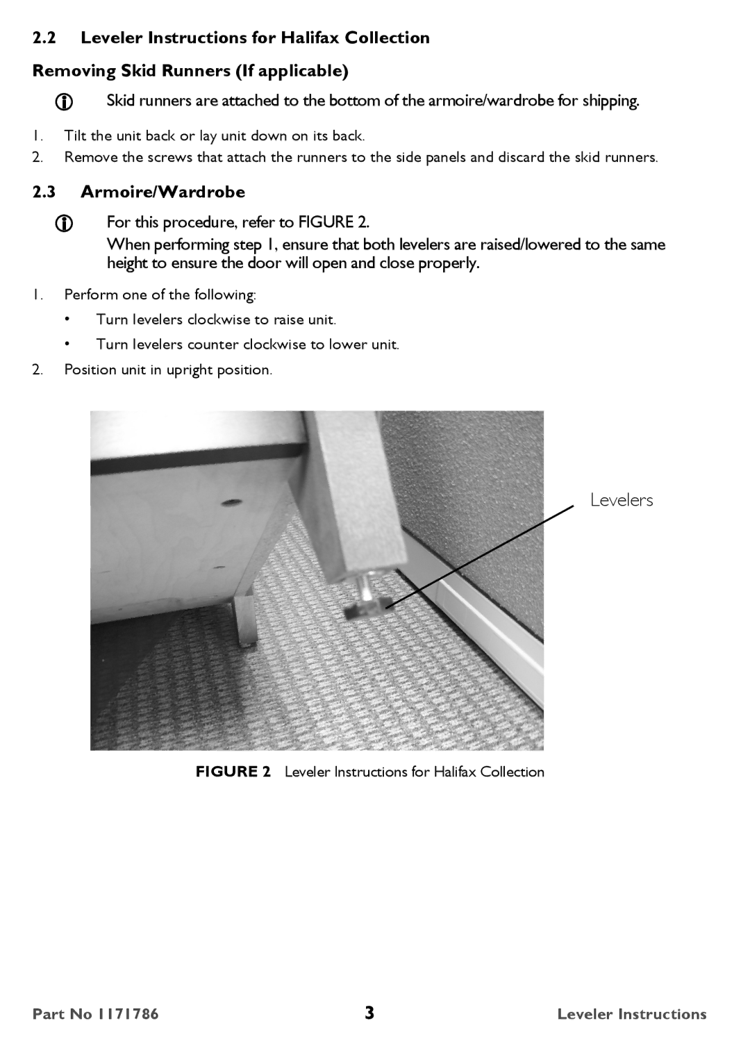 Invacare 1171786 user manual Levelers, Armoire/Wardrobe 