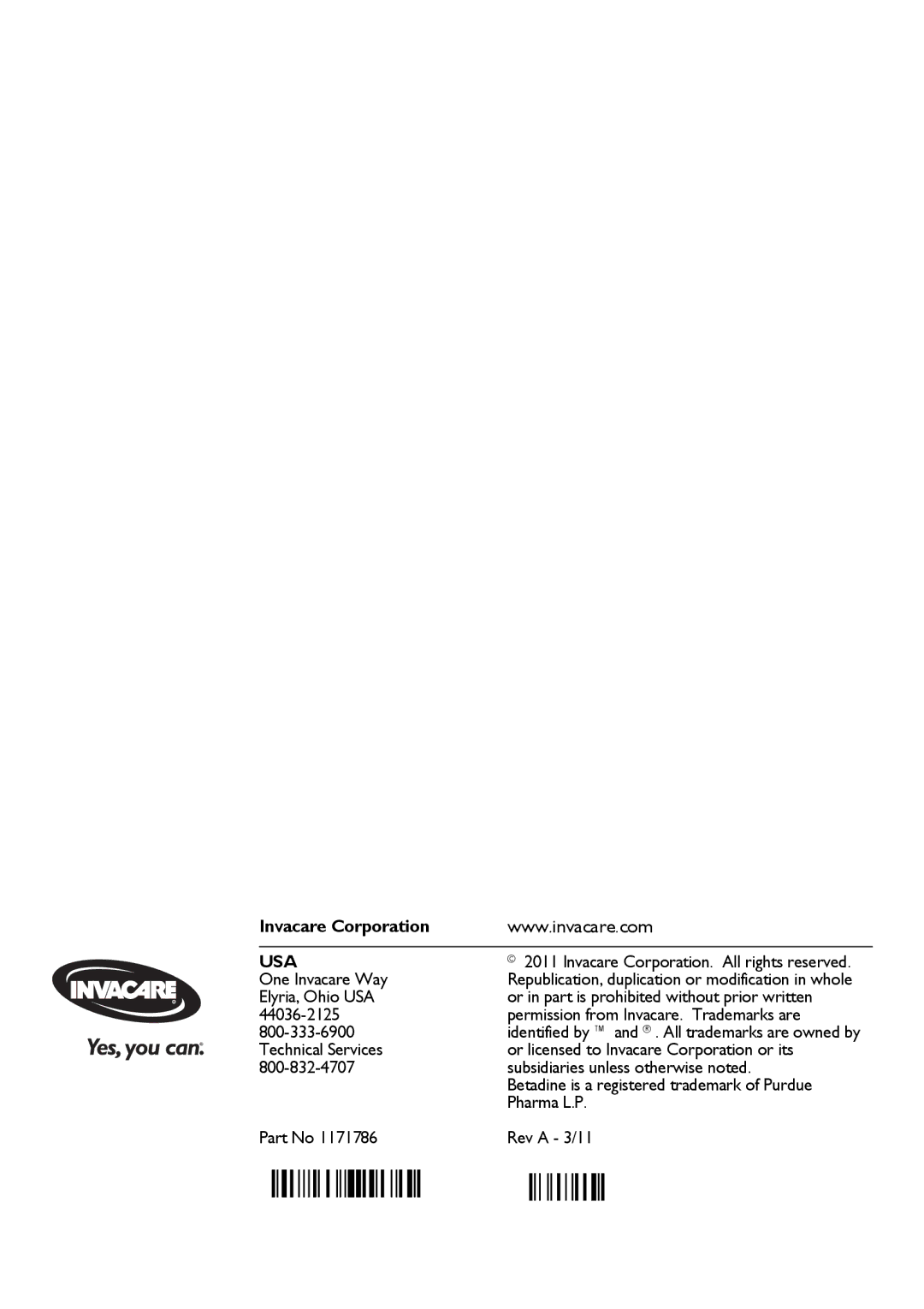 Invacare 1171786 user manual Usa 