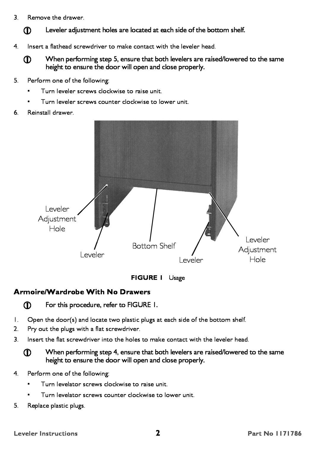 Invacare 1171786 user manual Leveler Adjustment Hole, Bottom Shelf, Armoire/Wardrobe With No Drawers 