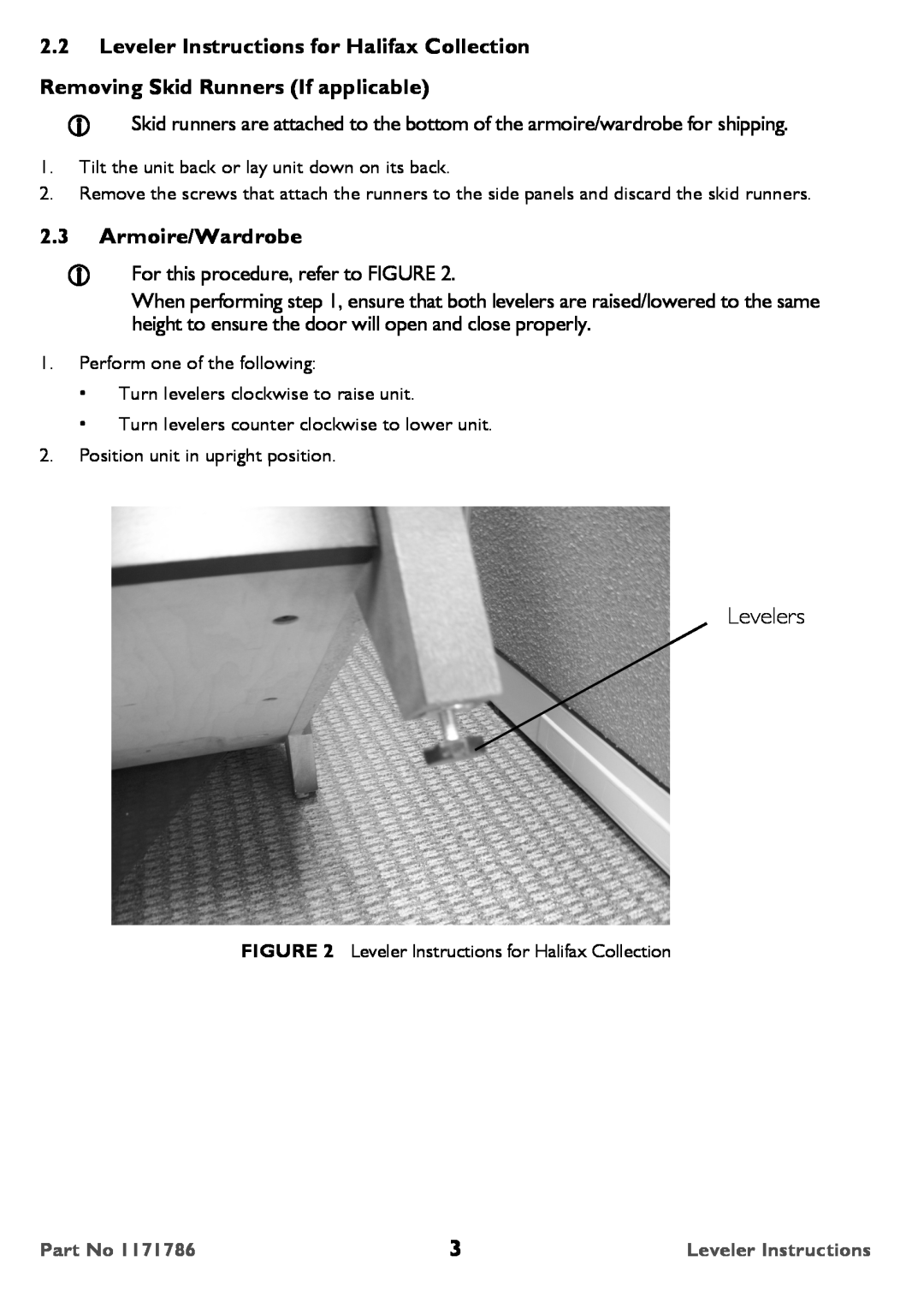Invacare 1171786 user manual Levelers, 2.2Leveler Instructions for Halifax Collection, 2.3Armoire/Wardrobe 