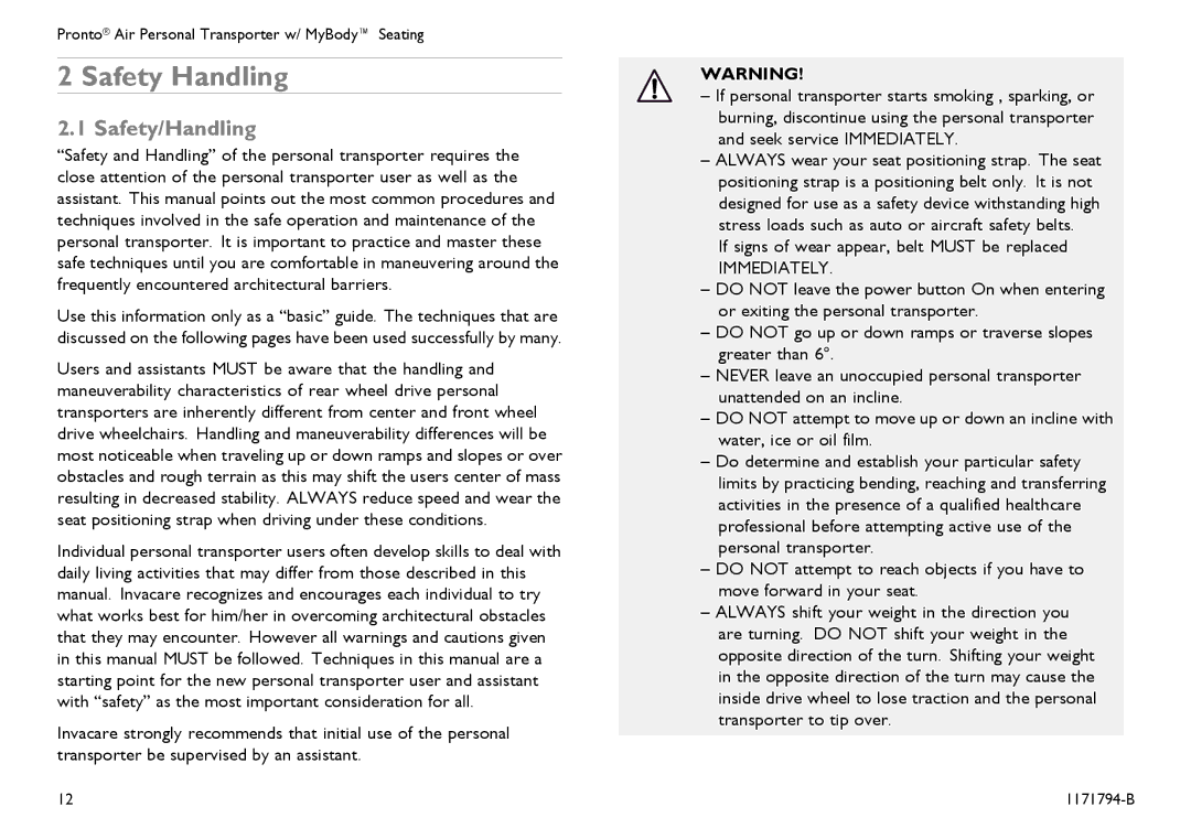 Invacare 1171794-B user manual Safety Handling, Safety/Handling 