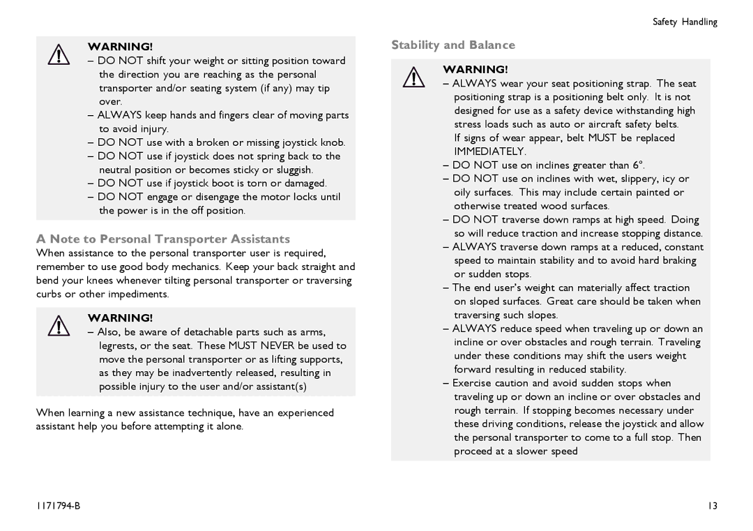 Invacare 1171794-B user manual Stability and Balance 