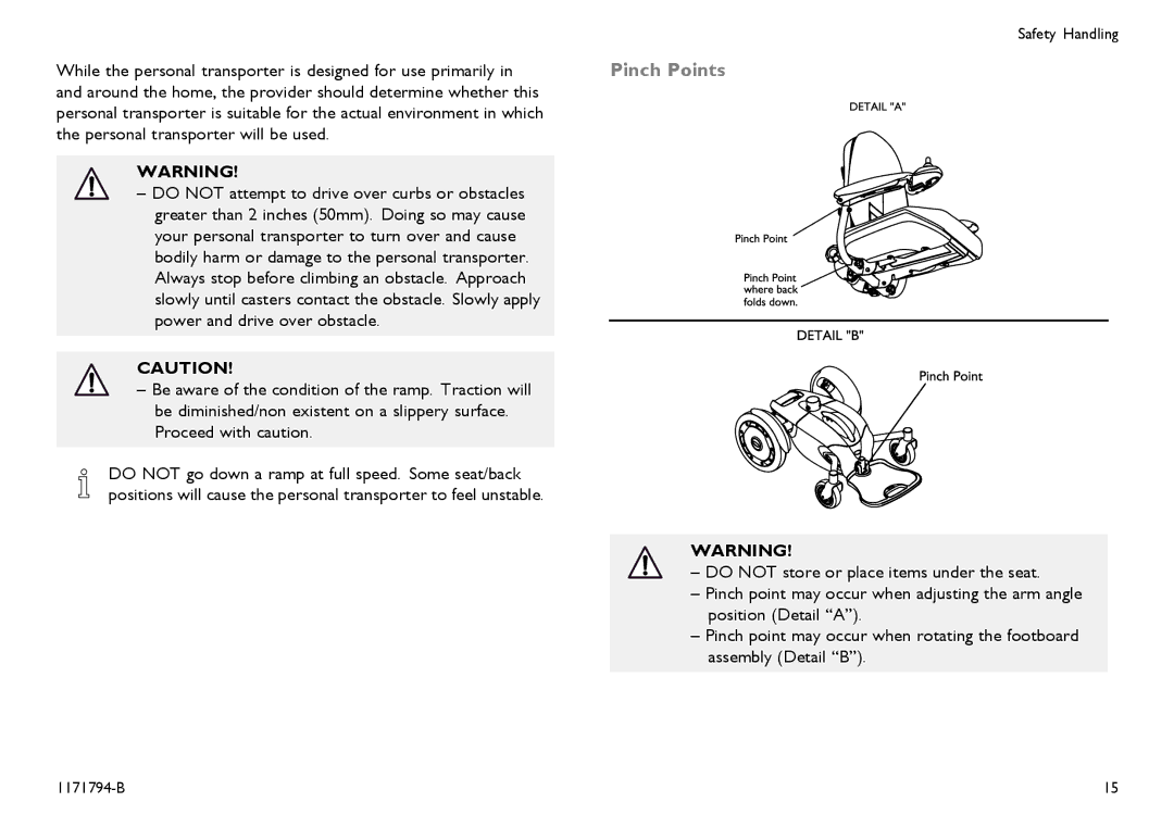 Invacare 1171794-B user manual Pinch Points 