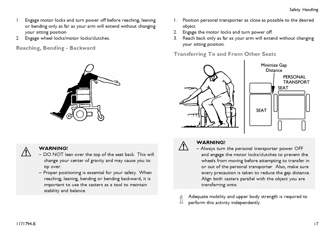 Invacare 1171794-B user manual Reaching, Bending Backward, Transferring To and From Other Seats 