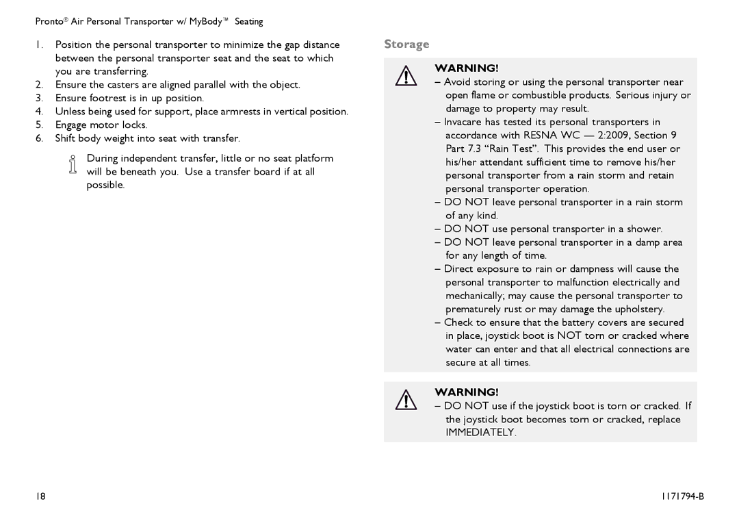 Invacare 1171794-B user manual Storage 