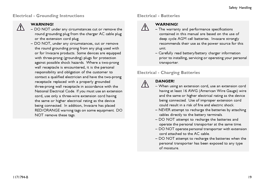 Invacare 1171794-B user manual Electrical Grounding Instructions, Electrical Batteries, Electrical Charging Batteries 