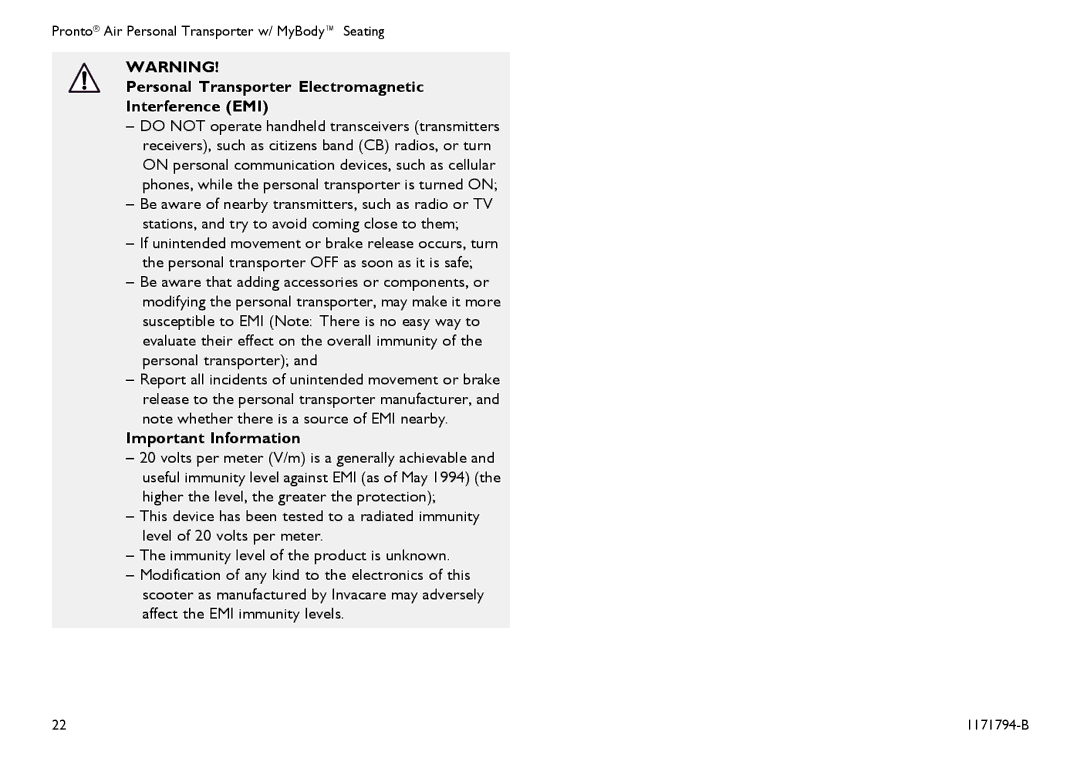 Invacare 1171794-B user manual Personal Transporter Electromagnetic Interference EMI 