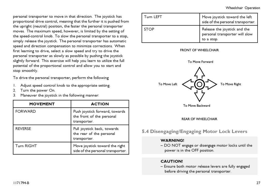 Invacare 1171794-B user manual Disengaging/Engaging Motor Lock Levers, Movement Action 
