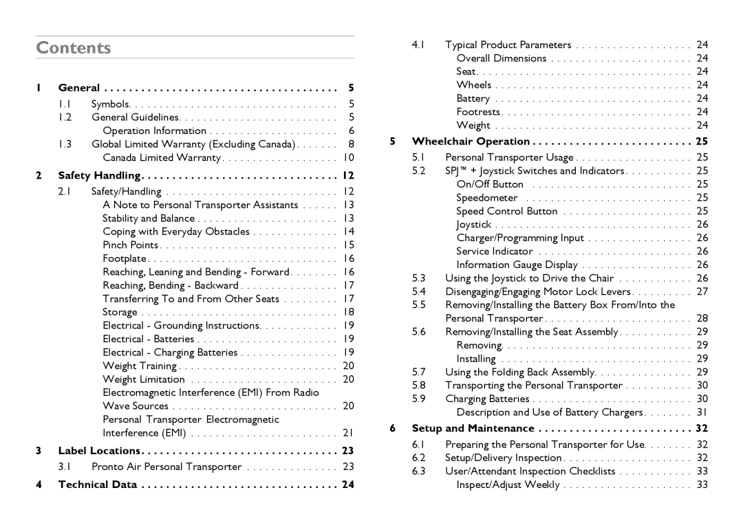 Invacare 1171794-B user manual Contents 