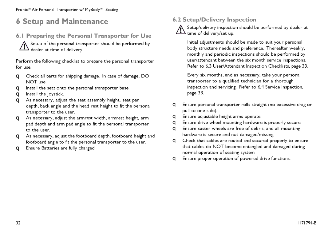 Invacare 1171794-B user manual Setup and Maintenance, Preparing the Personal Transporter for Use, Setup/Delivery Inspection 