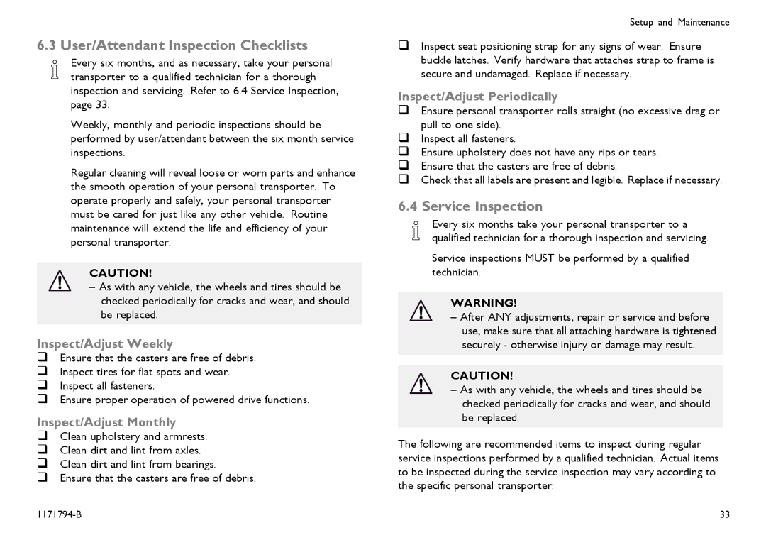 Invacare 1171794-B User/Attendant Inspection Checklists, Service Inspection, Inspect/Adjust Weekly, Inspect/Adjust Monthly 