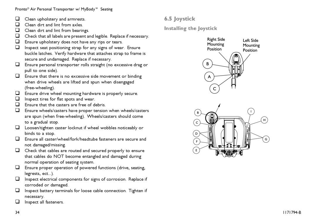 Invacare 1171794-B user manual Installing the Joystick 