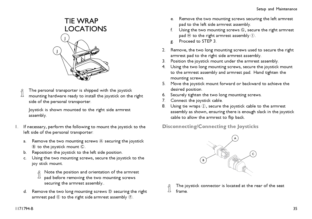 Invacare 1171794-B user manual Disconnecting/Connecting the Joysticks 