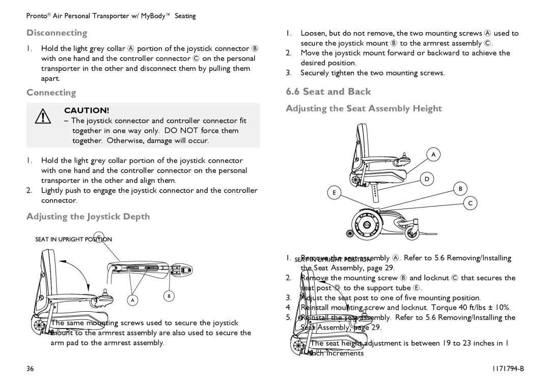 Invacare 1171794-B user manual Seat and Back, Disconnecting, Connecting, Adjusting the Joystick Depth 