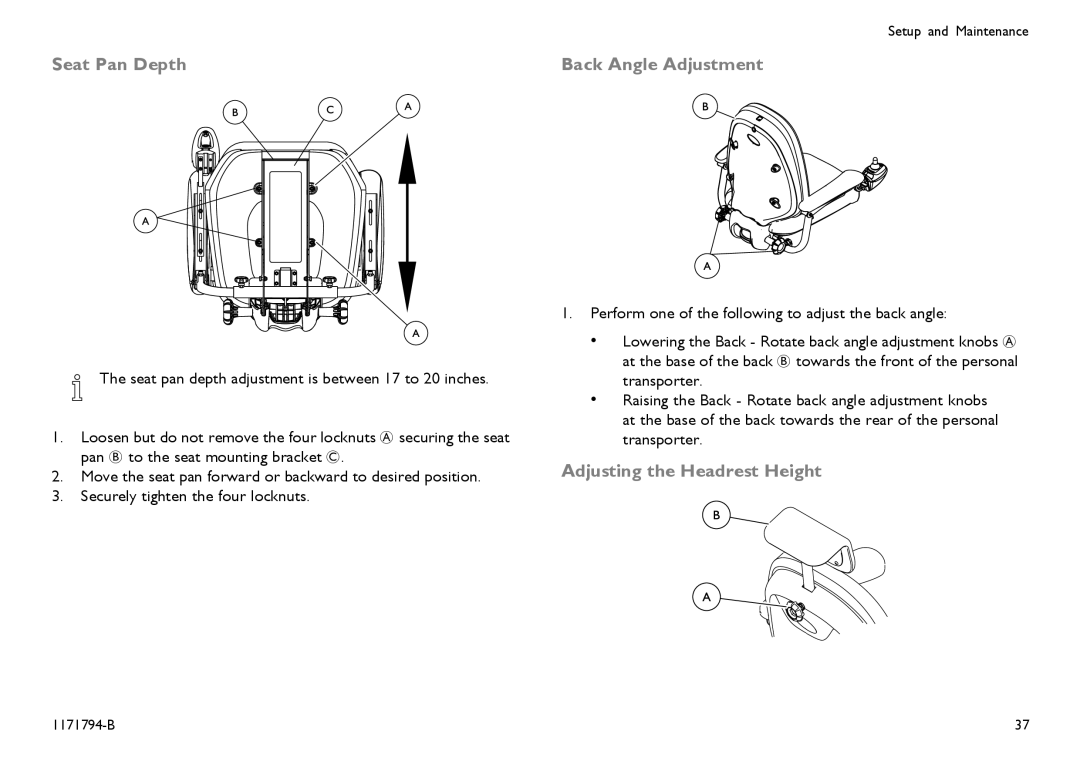 Invacare 1171794-B user manual Seat Pan Depth, Back Angle Adjustment, Adjusting the Headrest Height 