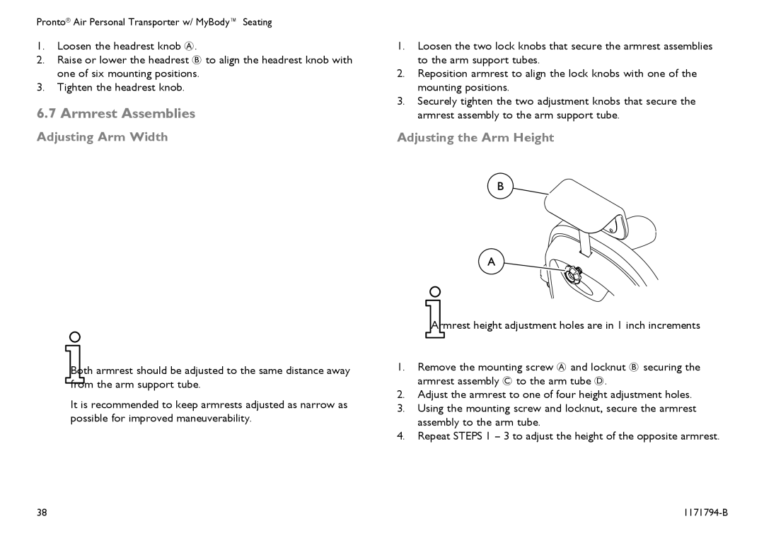 Invacare 1171794-B user manual Armrest Assemblies, Adjusting Arm Width, Adjusting the Arm Height 