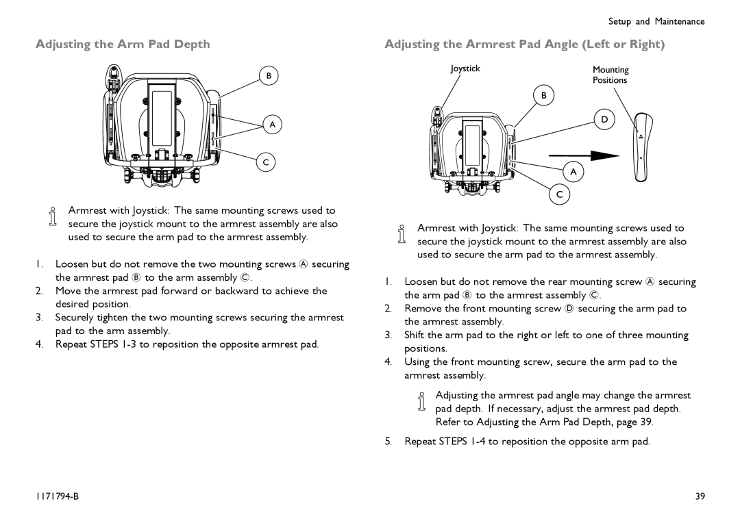 Invacare 1171794-B user manual Adjusting the Arm Pad Depth, Adjusting the Armrest Pad Angle Left or Right 