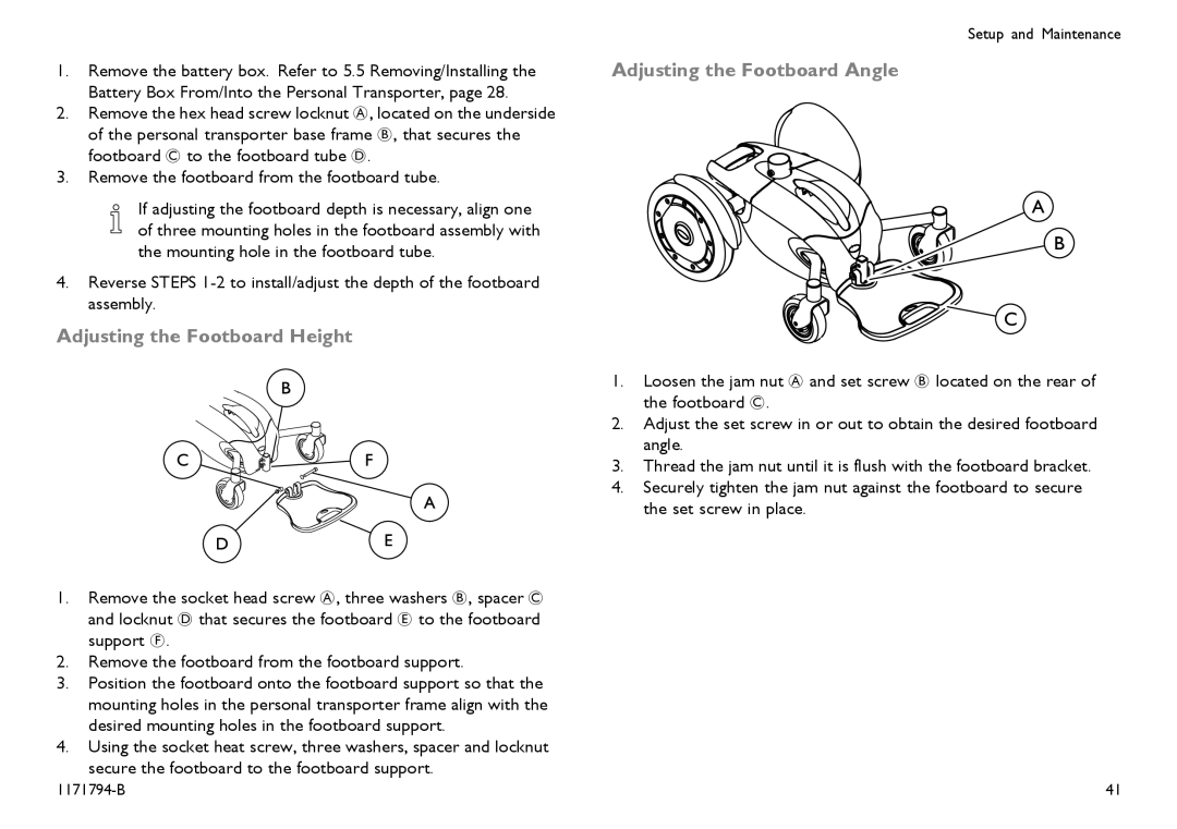 Invacare 1171794-B user manual Adjusting the Footboard Height, Adjusting the Footboard Angle 