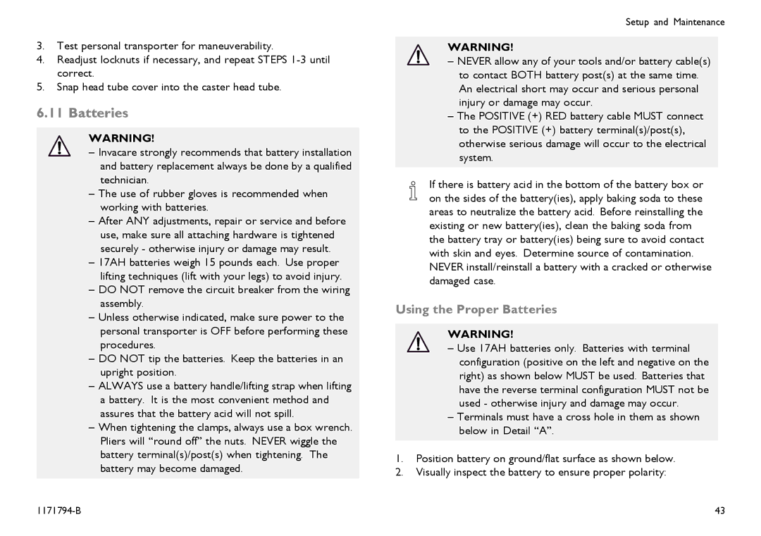 Invacare 1171794-B user manual Using the Proper Batteries 